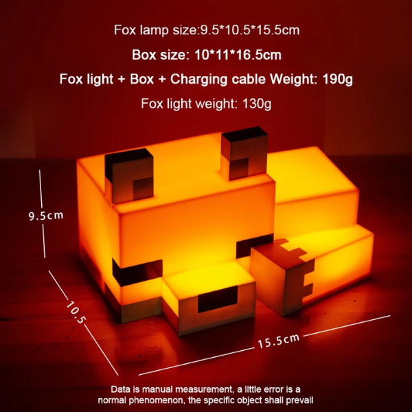 Fox-shaped lamp with dimensions and weight information on a dark background