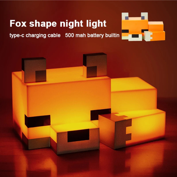 Fox-shaped night light with type-c charging cable and 500 mAh battery on a dark background